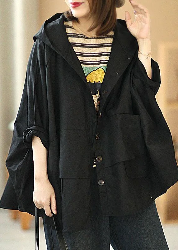 Modern Black Loose Button Pockets Fall Hoodie Coat Hoodie with Hem Elastic Stretchable Comfortable Modern Black Loose Button Pockets Fall Hoodie Coat Hoodie with Hem Elastic Stretchable Comfortable