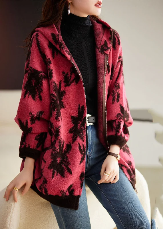Modern Rose Print Zippered Thick Woolen Hoodies Coat Fall Hoodie with Sequins Glamorous Eye-catching