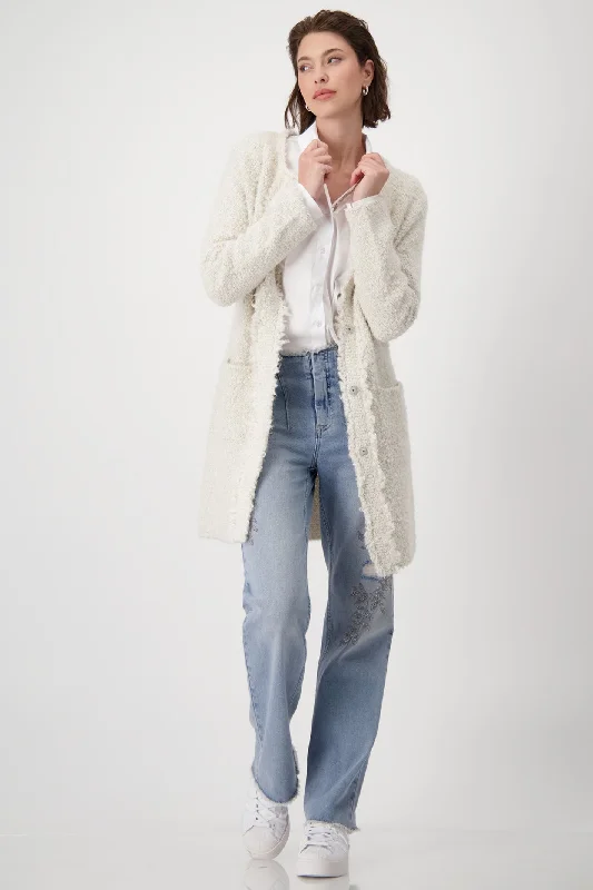 Monari 807897 Sandshell Cream 130 Longline Boucle Jacket with Round Neck Appliqued Jacket Beaded Jacket Sequined Jacket