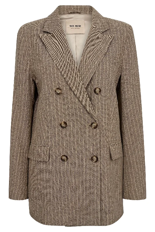 Mos Mosh 164960 Brown Rain Drum Pinstripe Double Breasted Jacket Insulated Jacket Fitted Jacket Loose Jacket