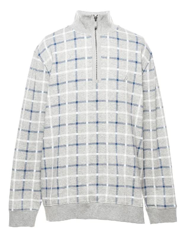 Nautica Checked Light Blue, Grey & White Printed Sweatshirt - XL Hoodie Jacket Zipper Layering