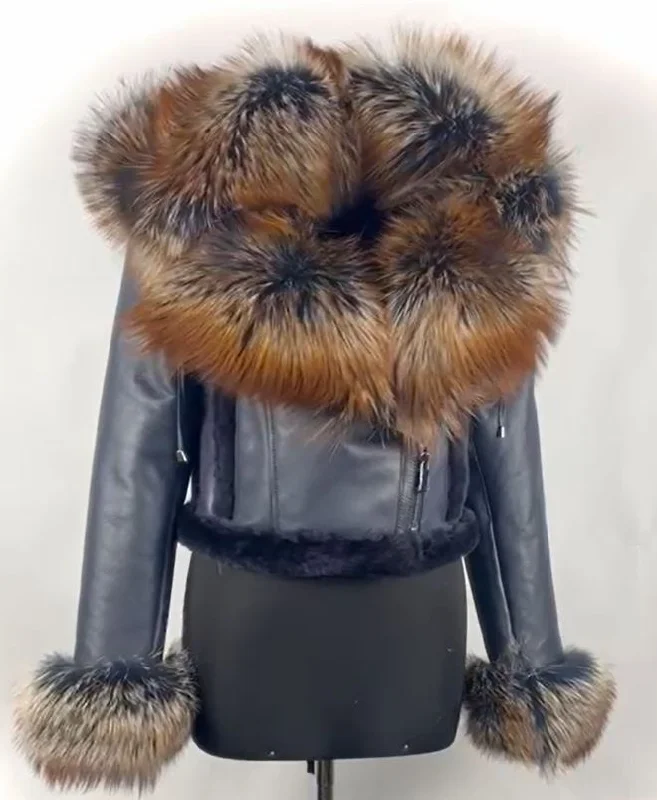 Navy Women Crop Jacket with Dyed Silver Fox Fur Trimming Style# 5005 Toggled Jacket Drawstring Jacket Belted Jacket