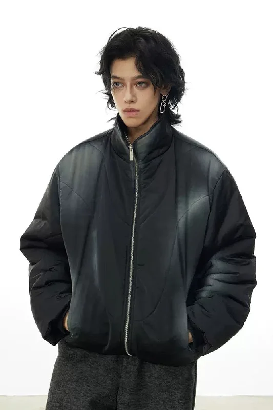 Spray Painted Logo Puffer Jacket Front Pockets Side Pockets Patch Pockets