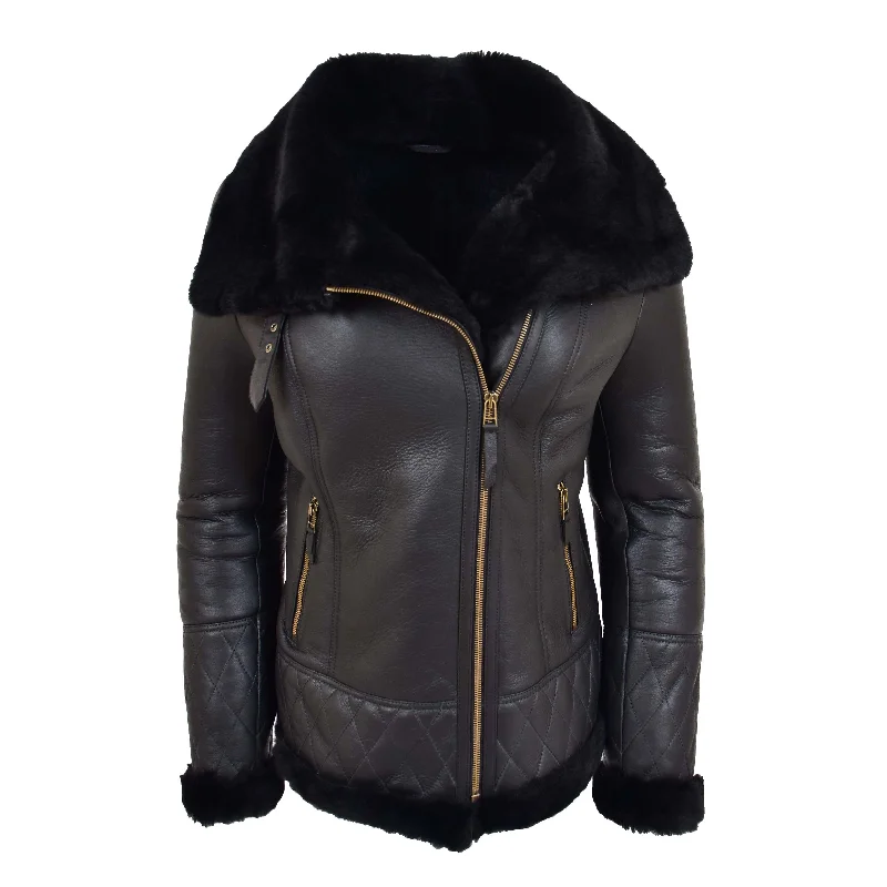 Super Luxurious Womens Real Sheepskin Jacket Aviator Coat Alexa Black Anorak Shell Jacket Lightweight Jacket