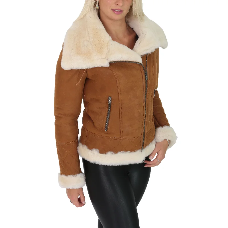 Super Luxurious Womens Real Sheepskin Jacket Aviator Coat Alexa Tan Herringbone Jacket Houndstooth Jacket Plaid Jacket