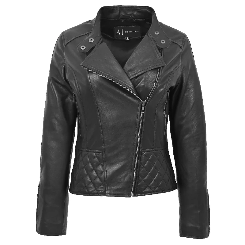 Trendy Black Leather Biker Jacket For Women Quilted Fitted Band Collar Penny Oversized Jacket Tailored Jacket Straight Jacket