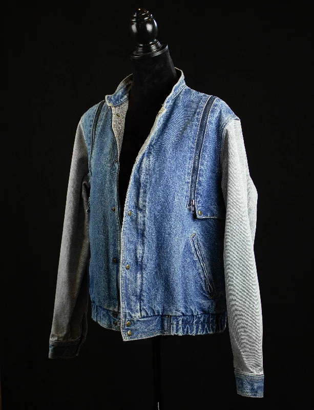 Vintage Jordache Convertible Denim Jacket 80s Light Wash Grey Sleeves Medium Zip Front Button Front Snap Front