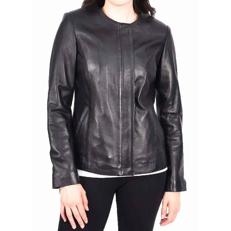 Women Black Leather Jacket Collarless Neckline Soft Fitted Zip Fasten Elena Knit Jacket Woven Jacket Fleece Jacket