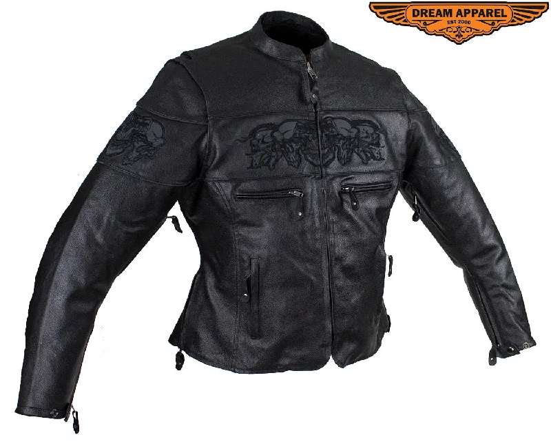 Women's Black Motorcycle Jacket with Reflective Skulls Belted Jacket Elasticated Jacket Padded Jacket