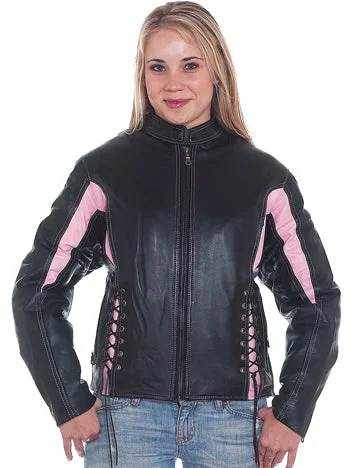 Womens Black & Pink Leather Racer Jacket With Multi Pockets Welt Pockets Slit Pockets Flap Pockets