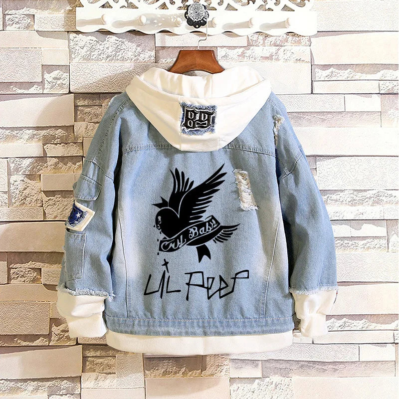 New Fashion Back Print Fake Two-Piece Loose Denim Jacket/Jeans Stitching Coat Hoodie Zip-Up Jacket Button-Up Jacket