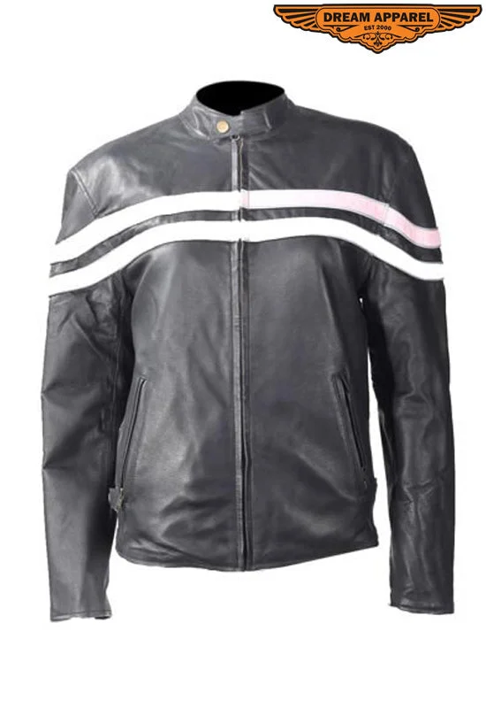 Womens Leather Jacket With Cream & Pink Stripes Collared Jacket Crew Neck Jacket Turtle Neck Jacket Womens Leather Jacket With Cream & Pink Stripes Collared Jacket Crew Neck Jacket Turtle Neck Jacket