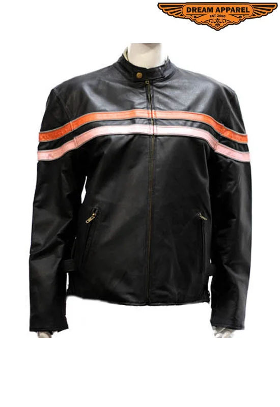 Womens Leather Jacket With Orange & Pink Racing Stripes Cotton Fabric Linen Fabric Terry Fabric Womens Leather Jacket With Orange & Pink Racing Stripes Cotton Fabric Linen Fabric Terry Fabric
