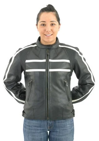 Women's Leather Motorcycle Jacket With Cream Colored Stripes Snapped Jacket Toggled Jacket Drawstring Jacket