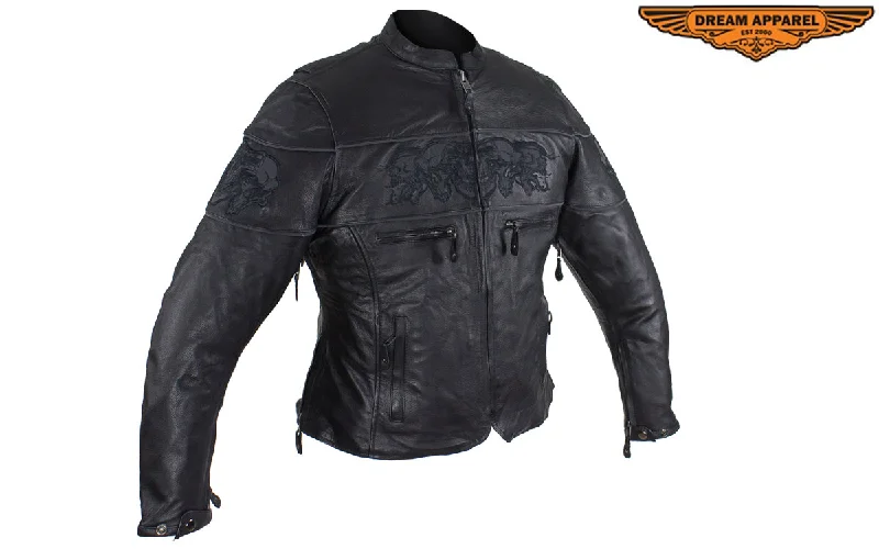 Womens Leather Motorcycle Jacket With Reflective Skulls Zippered Front Buttoned Front Snap Front