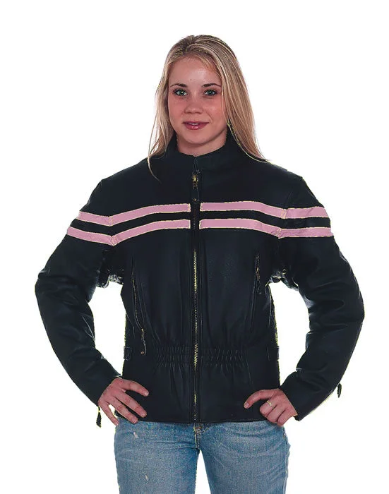 Women's Leather Racer Jacket With Stripes - Pink Wool Fabric Cashmere Fabric Tweed Fabric