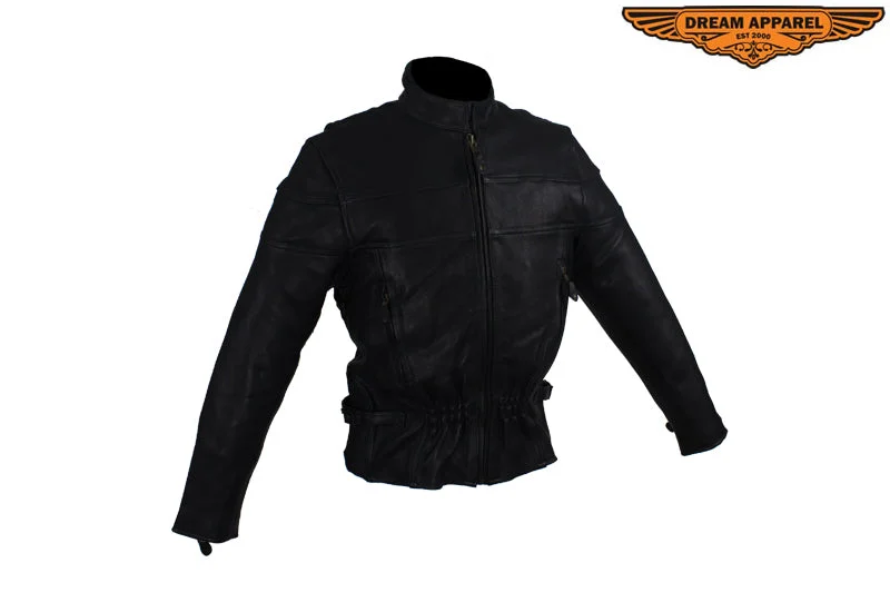 Women's Leather Racer Motorcycle Jacket With Double Reflector Stripes A-Line Jacket Boat Neck Shawl Collar Women's Leather Racer Motorcycle Jacket With Double Reflector Stripes A-Line Jacket Boat Neck Shawl Collar