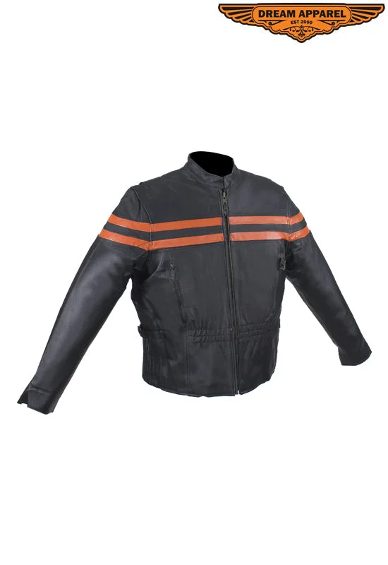 Womens Motorcycle Jacket With Orange Stripes Zippered Jacket Buttoned Jacket Snapped Jacket Womens Motorcycle Jacket With Orange Stripes Zippered Jacket Buttoned Jacket Snapped Jacket