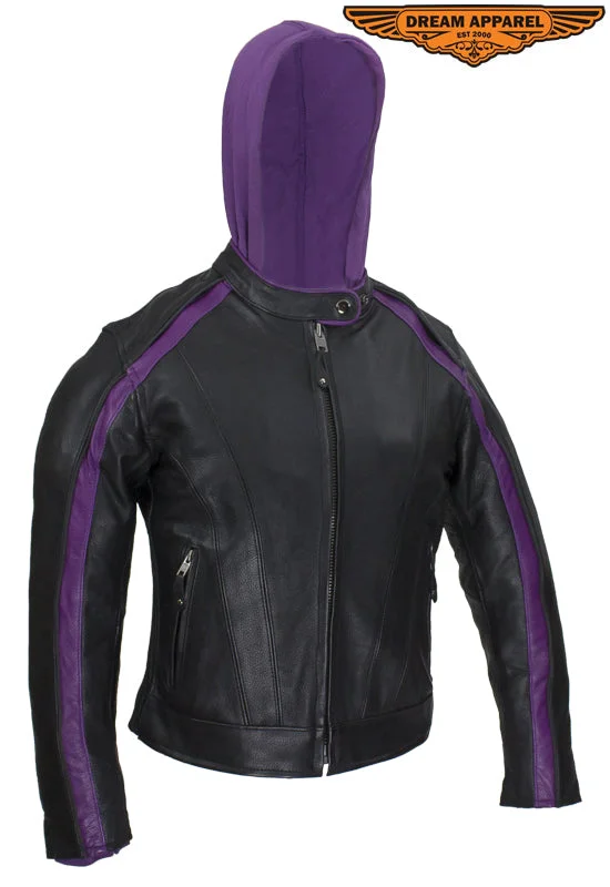 Women's Naked Cowhide Jacket with Purple Jacket Zippered Front Buttoned Front Snap Front