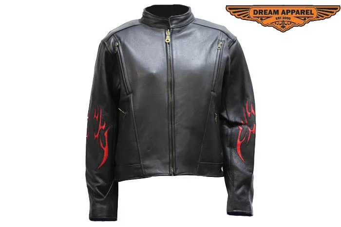Womens Racer Jacket With Flames Zippered Front Buttoned Front Snap Front