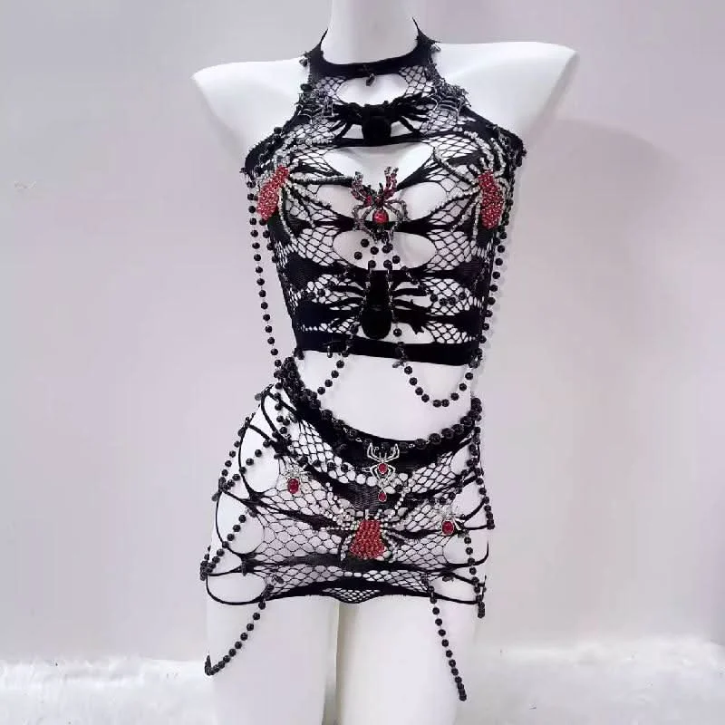 Beaded hollow out see through Spider applique mini skirt set spandex blend skirt