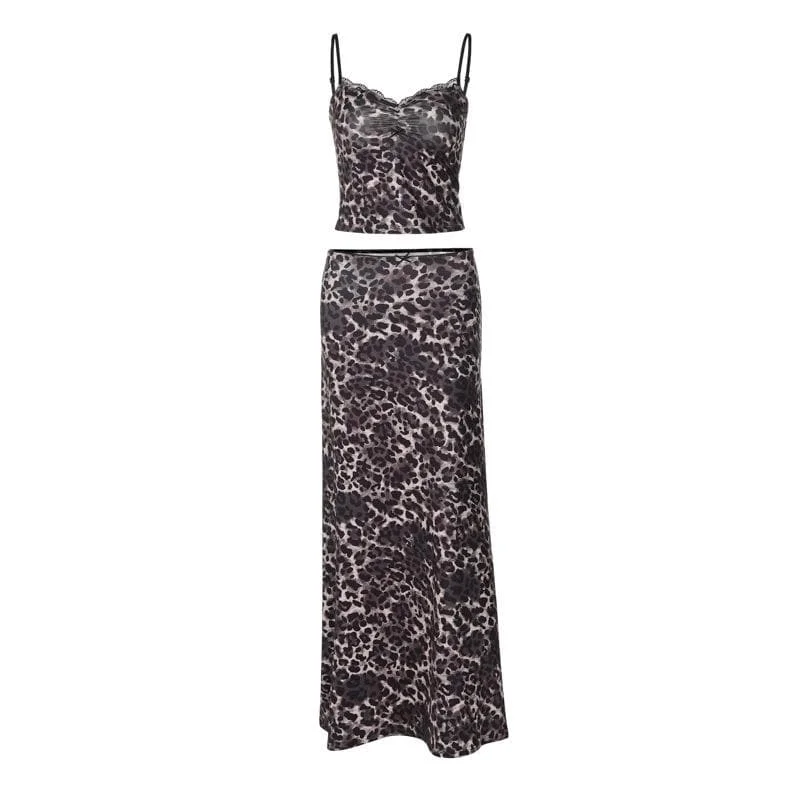 Leopard print lace hem cami maxi skirt set chiffon skirt lightweight