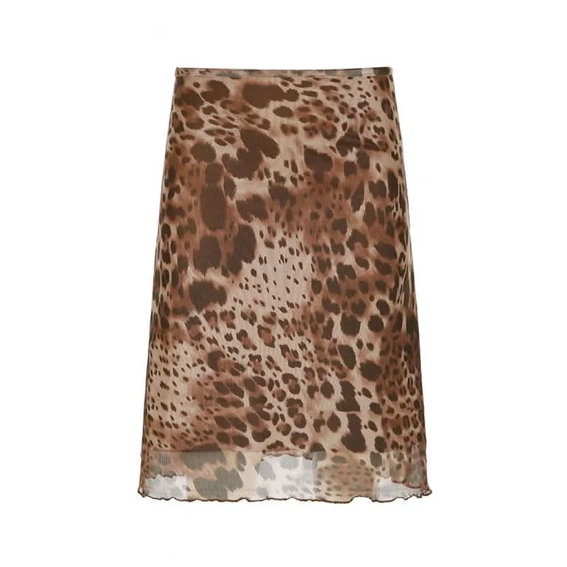 Leopard print mesh low rise midi skirt linen skirt natural