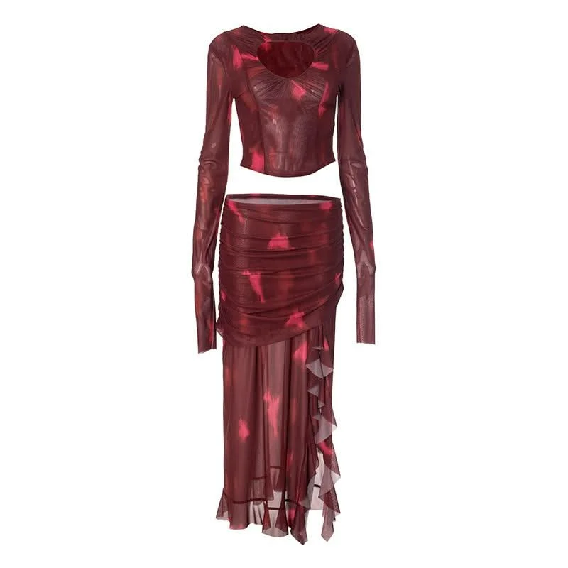 Long sleeve hollow out mesh ruched slit maxi skirt set leather skirt bold